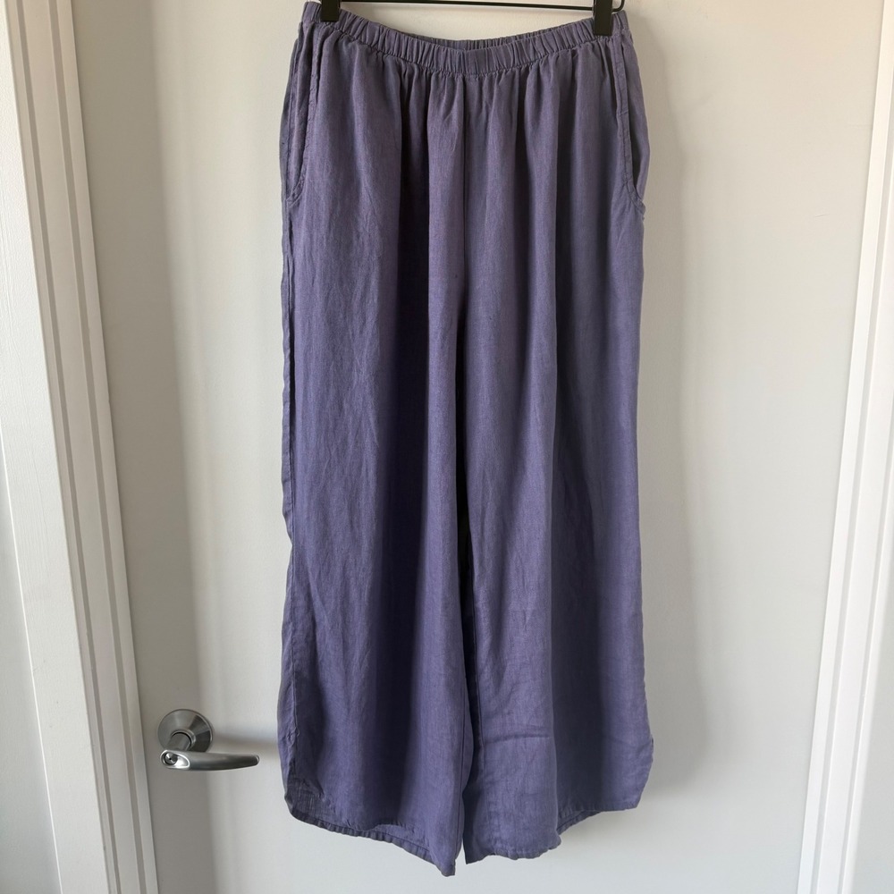 Flax 100% Linen Wide Leg Pants Purple Elastic Waist Pockets Size M